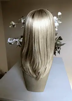 Back view of a blonde wig.